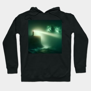 A lone lighthouse beam piercing through a green fog, revealing hidden horrors Hoodie